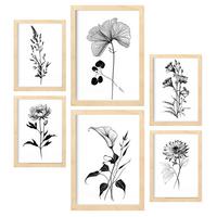 POSTER Set Mit 6 Belaubte Blumen Natur Und Botanikdrucke Mit Blumenmotiven In Klassischem Schwarz Und Weiß A3 & A4 Rahmen Aus Hellem Holz - Beige, Papier (29/3cm) - Nacnic