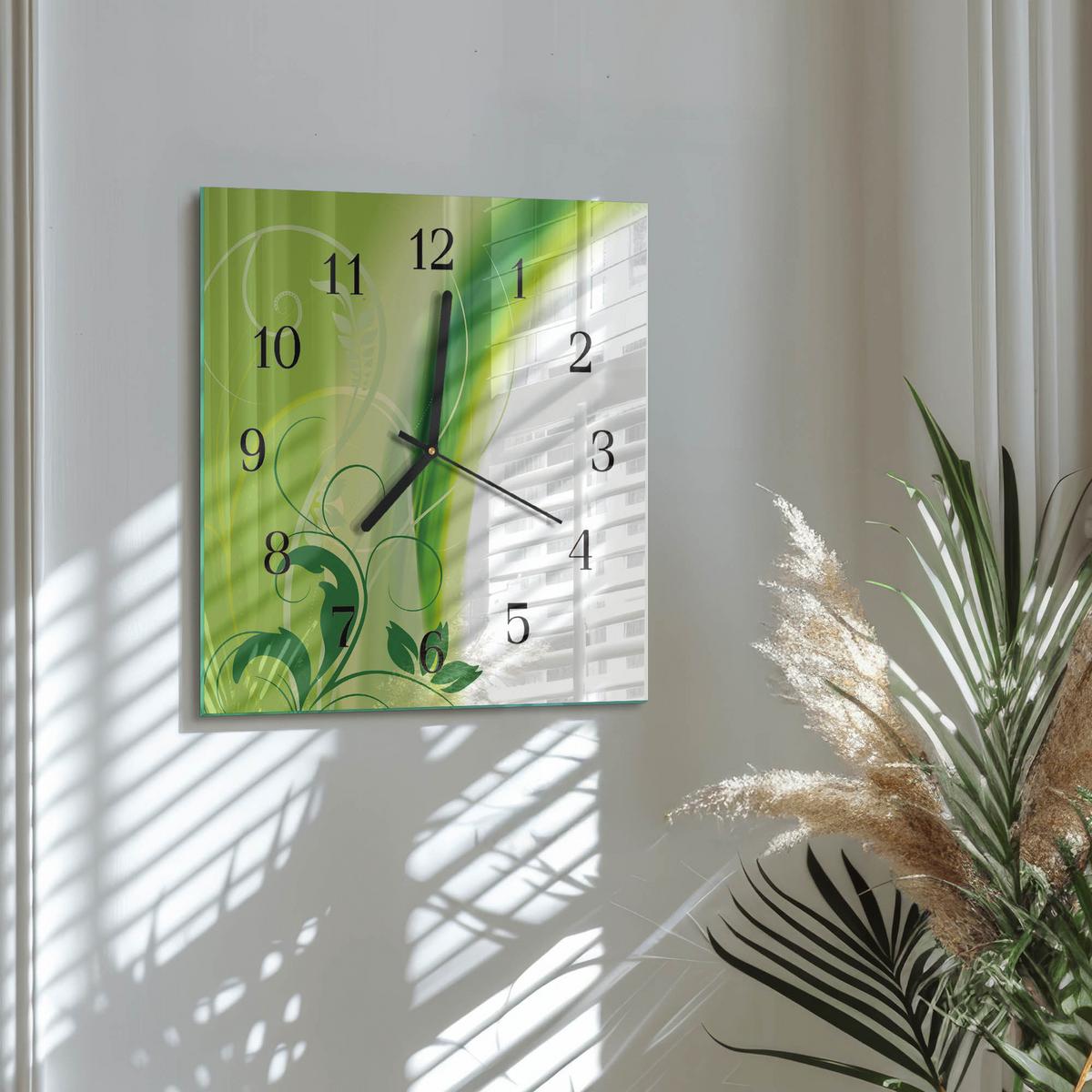 WANDUHR aus Glas 30x30 cm - Blumenmuster - Grün, Glas (30/30/0.4cm) - TULUP