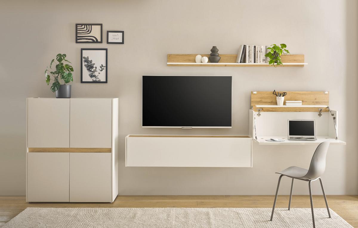 WOHNWAND weiß, Eiche Wotan 4-teilig 370 cm, Komplettset mit Sekretär - Eiche Wotan/Schwarz, Holz/Holzwerkstoff (370/170/40cm) - Furn.Design