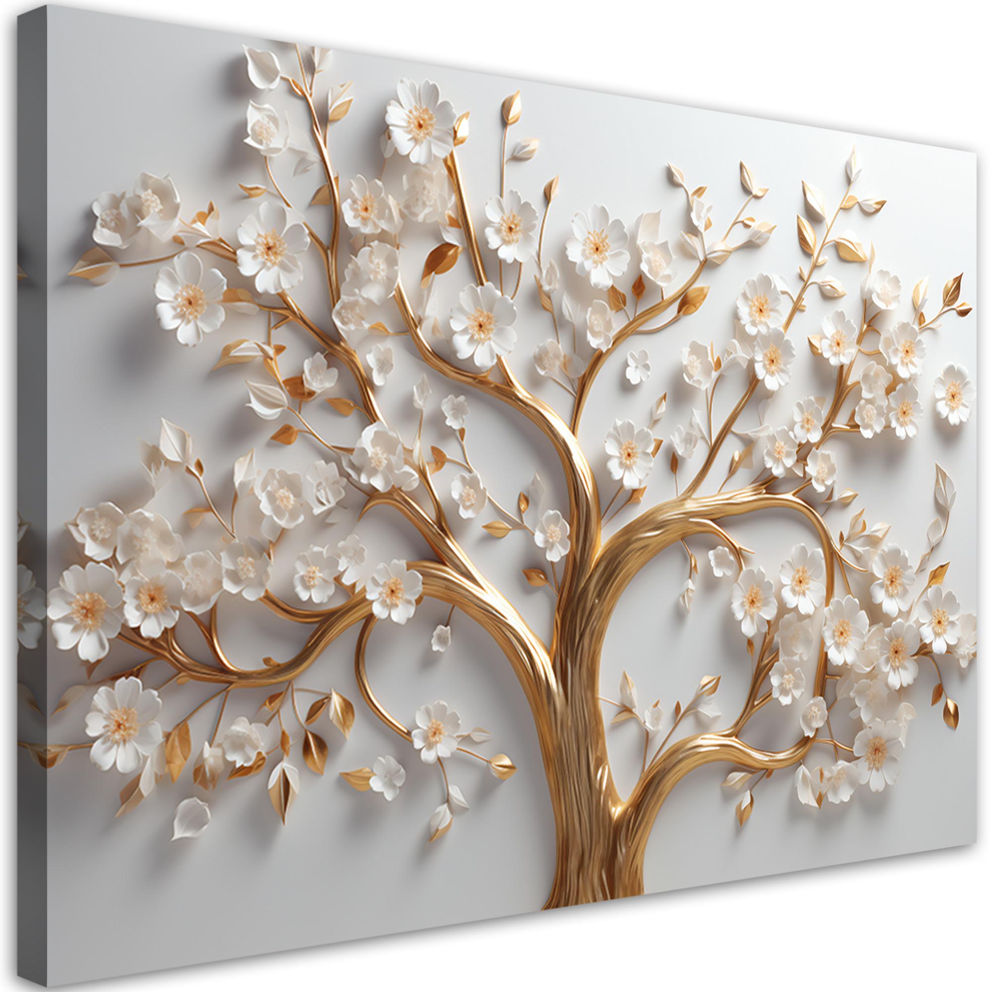 WANDBILD 3d goldener glamourbaum in blüte - Weiß, Textil (60/40cm) - Feeby