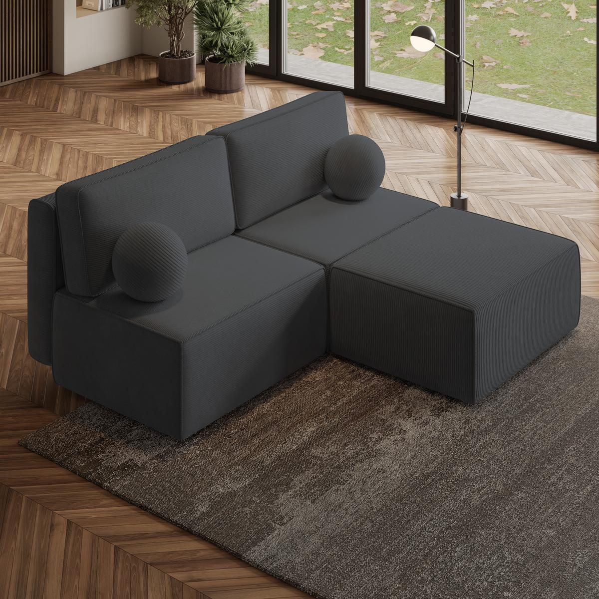 ECKSOFA VARNA P Graphitfarben Kordstoff mit Schlaffunktion - Graphitfarben/Grau, Holz/Kunststoff (196/158cm) - MASSENO