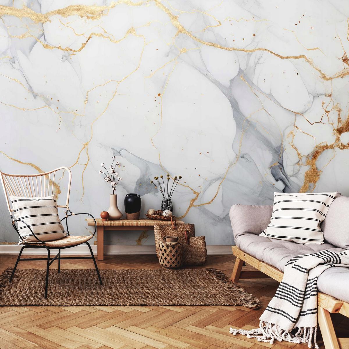 FOTOTAPETE Marmor Abstraktion Gold Weiß Wohnzimmer Vliestapete 200x140 - Grau, Papier (200/140cm) - Wallarena