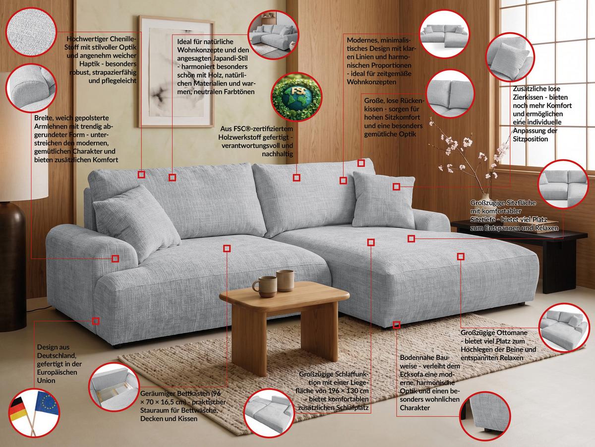 ECKSOFA Melvano mit Schlaffunktion und Bettkasten im Japandi-Stil aus weichem Hellgrau Chenille-Stoff - Hellgrau/Schwarz, Holz/Kunststoff (240/145cm) - S-Style