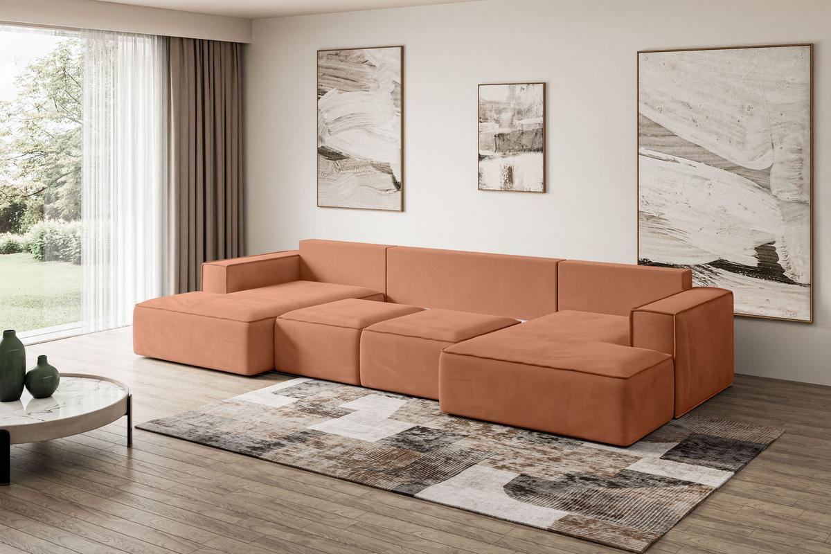 WOHNLANDSCHAFT mit Schlaffunktion und Bettkasten SIERRA-U-S - 349x161x87 cm Apricot Velours - Koralle/Schwarz, Holzwerkstoff/Kunststoff (349/87/161cm) - ALTDECOR