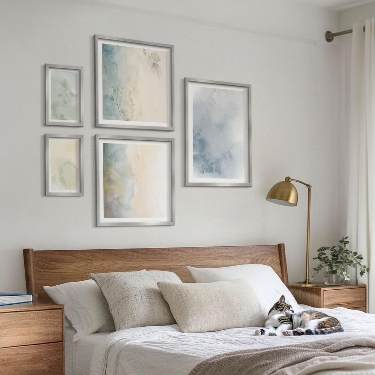 BILDER SET 5er Set - 50x50 cm & 20x30 cm & 40x60 cm Silberner Rahmen - Pastellfarbene Aquarell-Leinwandtextur - Silberfarben, Kunststoff (40/60cm) - TULUP