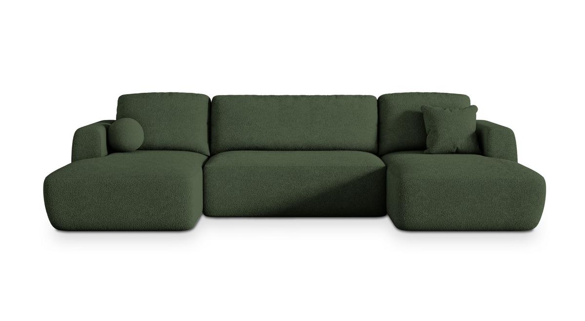 WOHNLANDSCHAFT SENTUM N Grün Boucle-Stoff mit Schlaffunktion - Schwarz/Grün, Holz/Kunststoff (330/90/148cm) - MASSENO