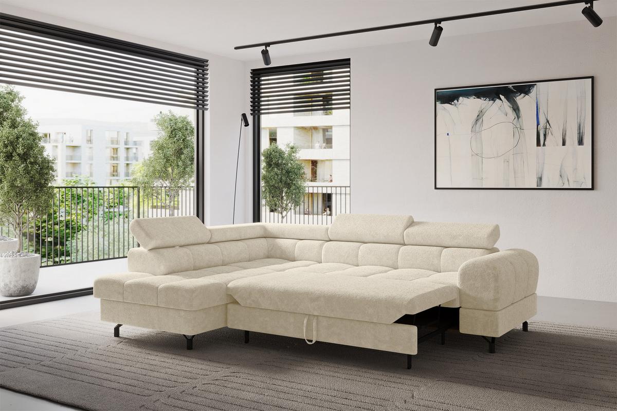 ECKSOFA mit Schlaffunktion Ottomane Links LUMA-L 272x203x70 Creme Velours - Creme/Schwarz, Holzwerkstoff/Kunststoff (272/203cm) - ALTDECOR