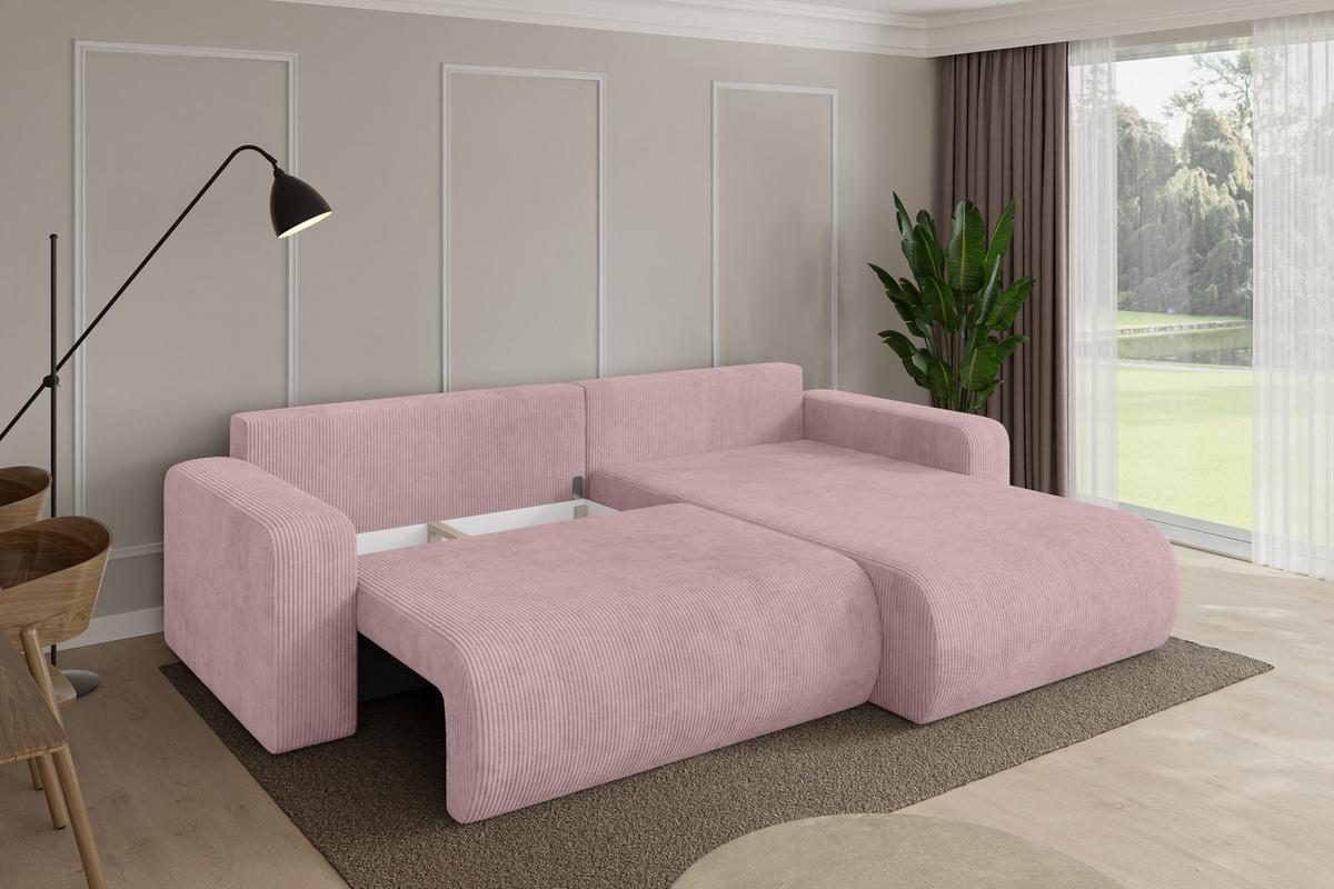 ECKSOFA mit Schlaffunktion Ottomane Rechts BERY-L 276x193x88 Rosa Cord - Schwarz/Rosa, Holzwerkstoff/Kunststoff (276/193cm) - ALTDECOR