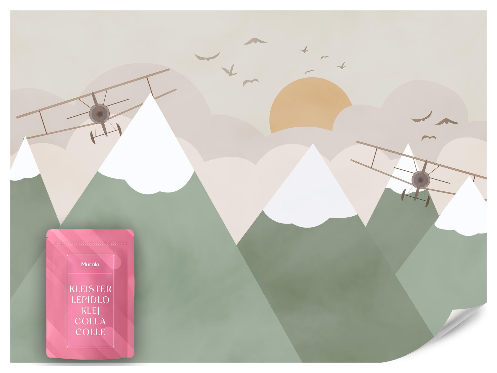 FOTOTAPETE für Kinderzimmer Berge Flugzeuge Wolken 400x280 - Beige/Orange, Papier (400/280cm) - Muralo