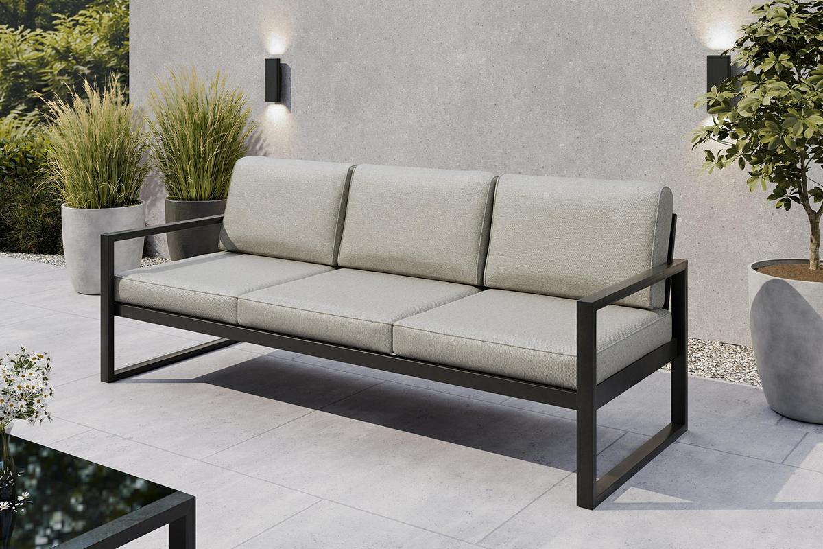 GARTENBANK Bellano Outdoor 3-Sitzer Polster-Loungebank, Stahlgestell Schwarz, Taupe 76/216/80 cm - Beige, Textil (216/86/80cm) - WFL GROUP