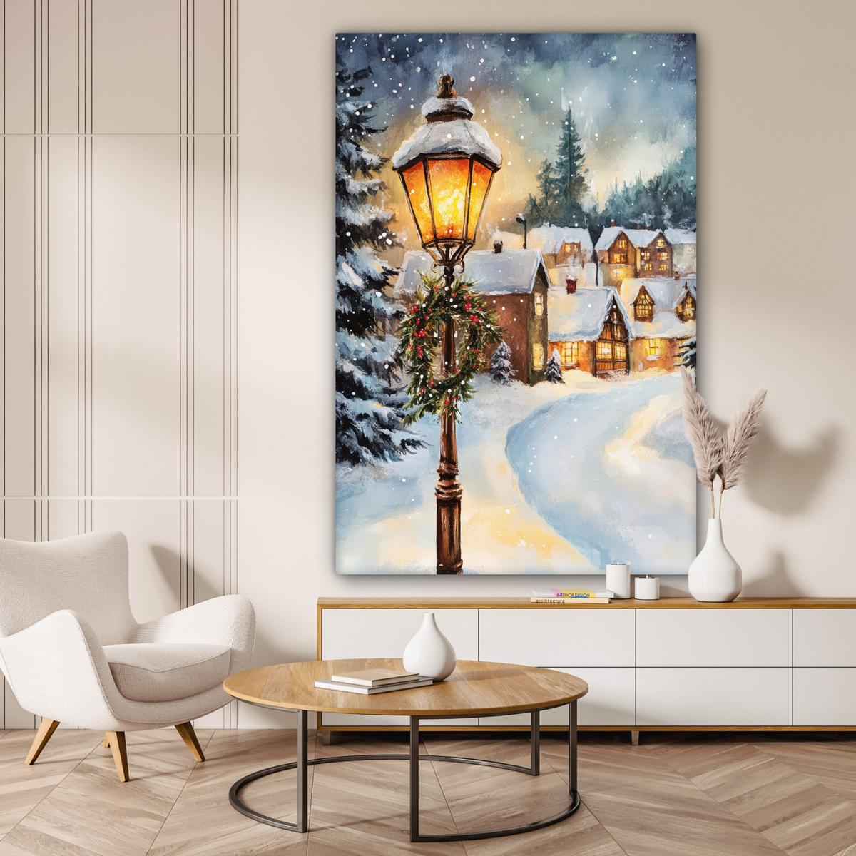 LEINWANDBILD Weihnachtsdorf - Häuser - Schnee - Weihnachten Deko Groß 90x140 cm - Sandfarben, Textil (90/140cm) - MuchoWow