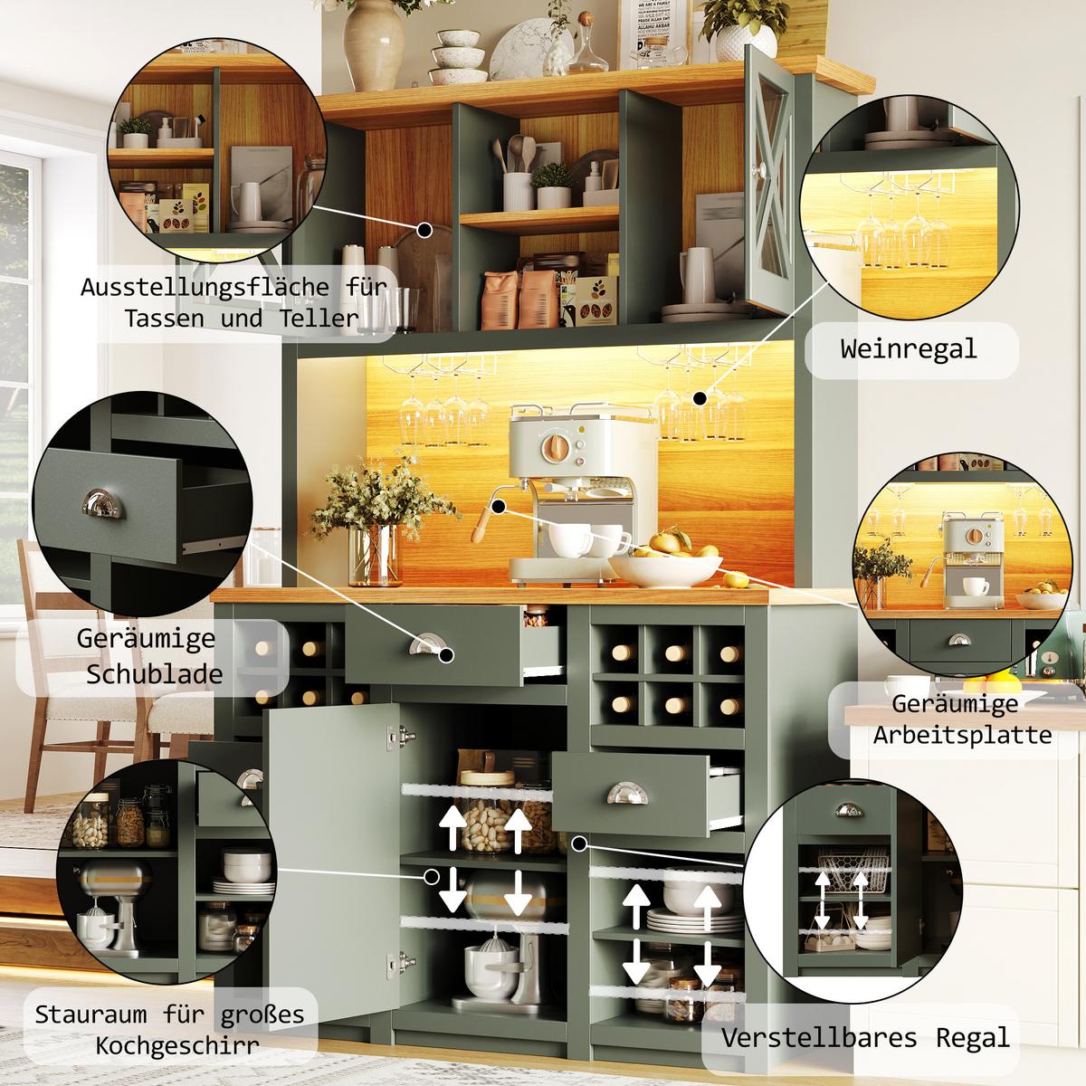 KÜCHENSCHRANK antik-grün & holz-optik mit led, usb-anschluss & weinregal - Waldgrün, Holzwerkstoff (120/188/45cm) - Urban Meuble