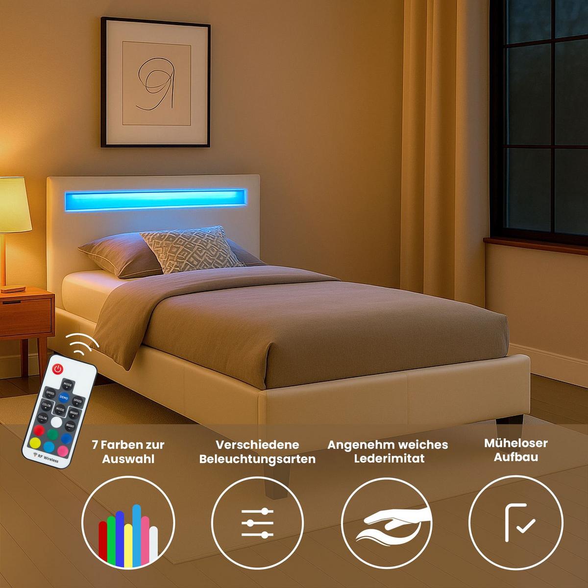 POLSTERBETT MIT LED MANDALAY 90X200 CM - Weiß, Textil (90/200cm) - CARO-Möbel