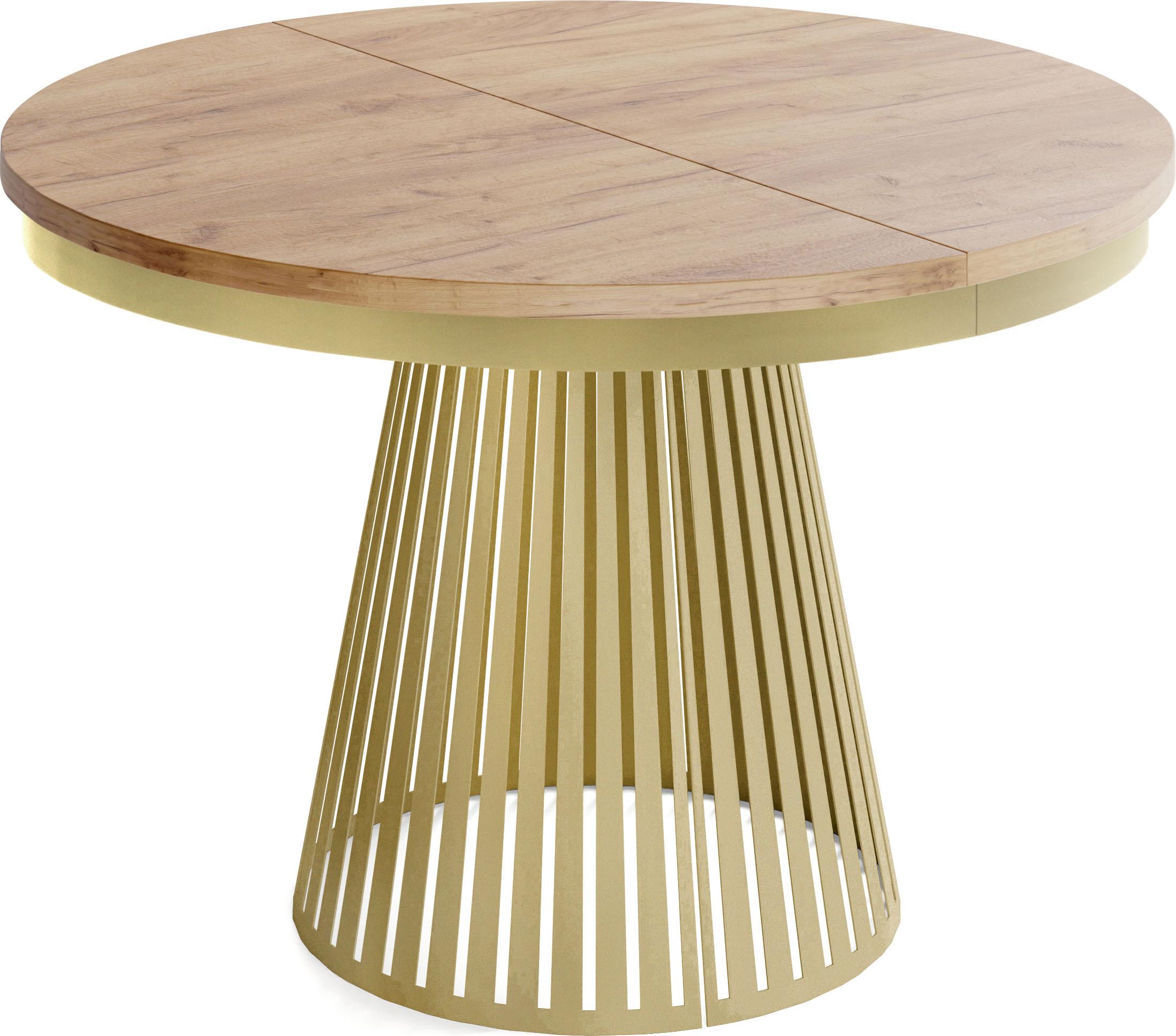 ESSTISCH Naro rund ausziehbar mit Goldem Lamellen-Metallgestell, Eiche Braun 100-180/100/76 cm - Eiche Wotan/Goldfarben, Holzwerkstoff/Metall (100/180/76cm) - WFL GROUP