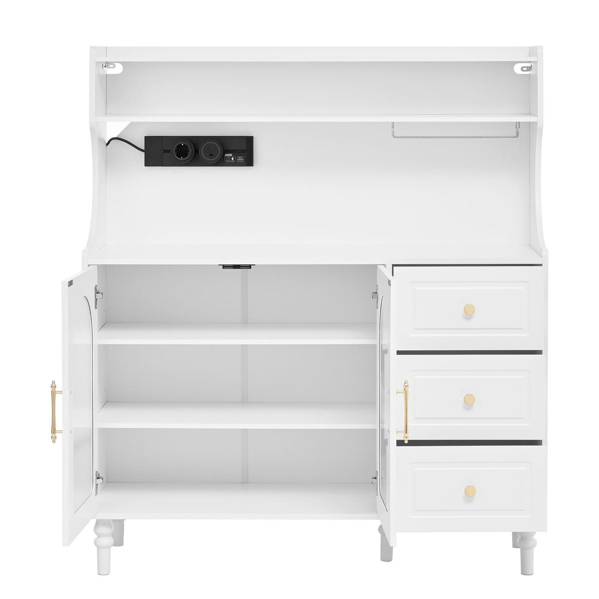 BUFFETSCHRANK mdf in weiß mit riffelglas, ladestation & weinglashalter - Weiß, Holzwerkstoff (120/138.5/40cm) - Urban Meuble