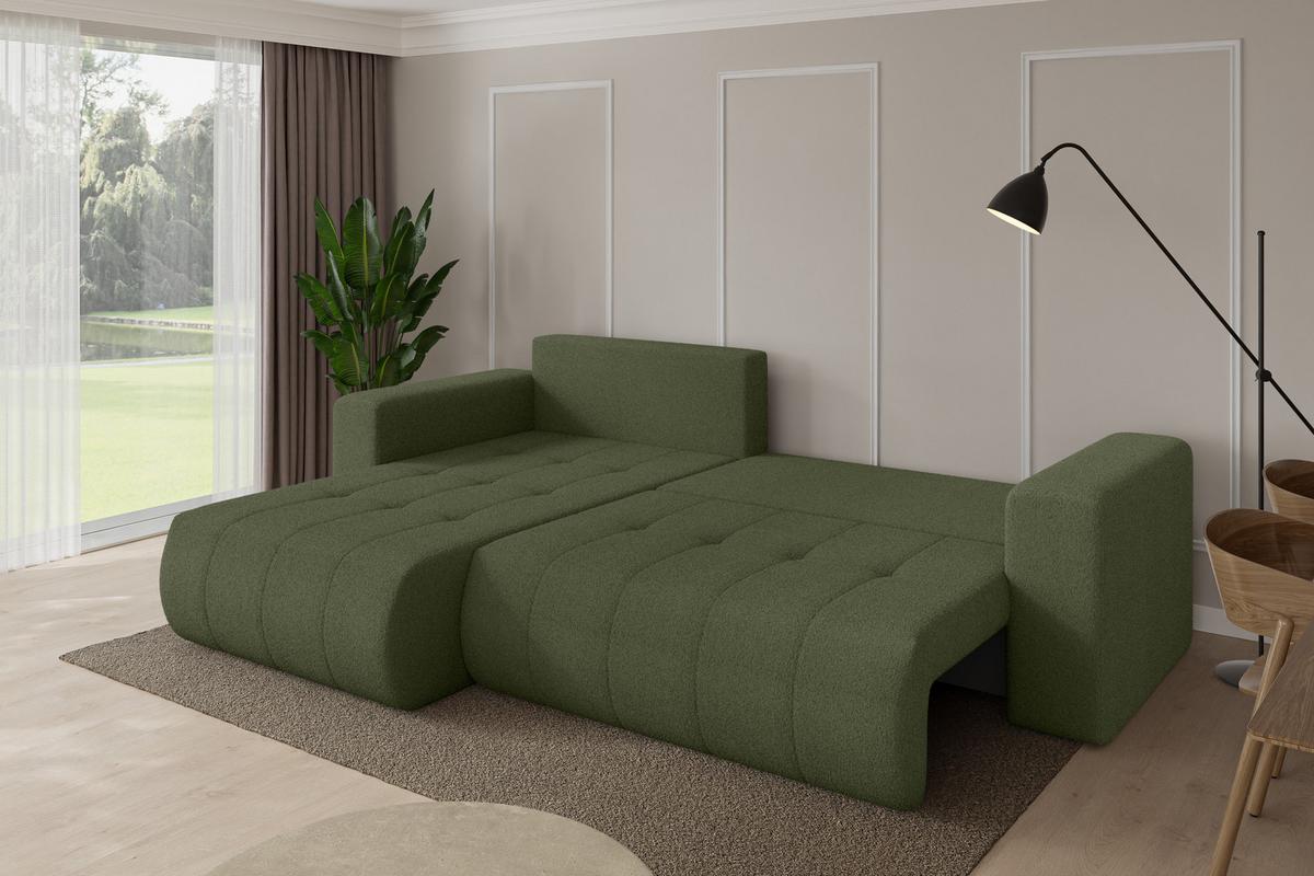 ECKSOFA mit Schlaffunktion Ottomane Links MILA-L 277x194x86 Grün Bouclé - Schwarz/Olivgrün, Holzwerkstoff/Kunststoff (277/194cm) - ALTDECOR
