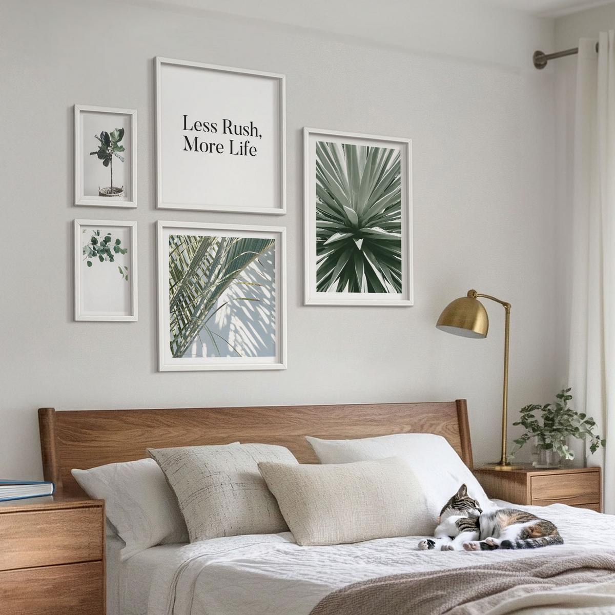 BILDER SET 5er Set - 50x50 cm & 20x30 cm & 40x60 cm Weißer Rahmen - Minimalismus mit grünen Pflanzen - Weiß, Kunststoff (40/60cm) - TULUP