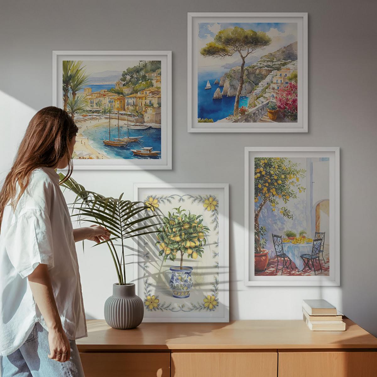 BILDER SET 4er Set - 50x50 cm & 40x60 cm Weißer Rahmen - Blick auf das Meer aus Zitronenbäumen - Weiß, Kunststoff (50/50cm) - TULUP