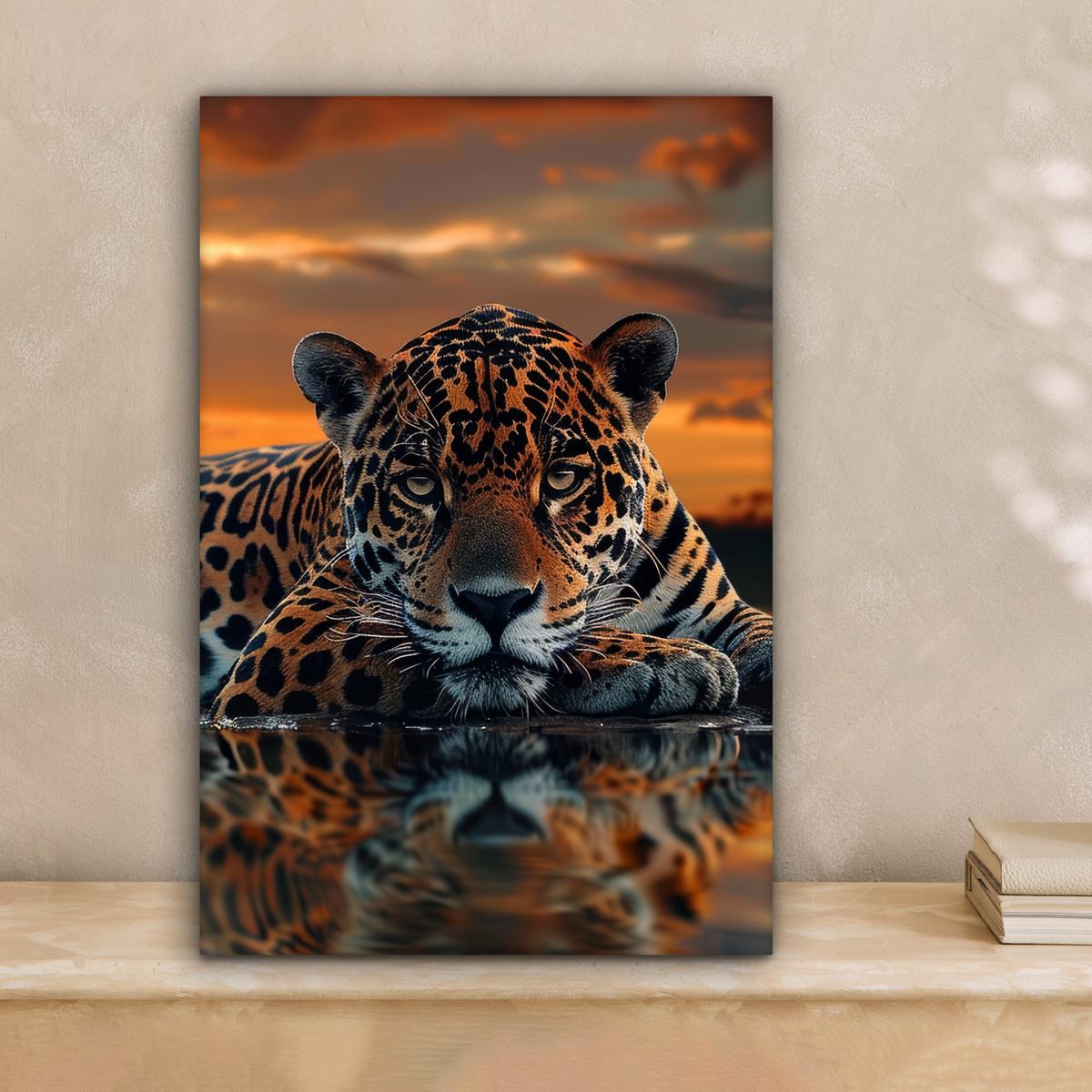 LEINWANDBILD Natur - Leopard - Tier - Sonnenuntergang - Modern Deko Wohnzimmer 20x30 cm - Orange, Textil (20/30cm) - MuchoWow