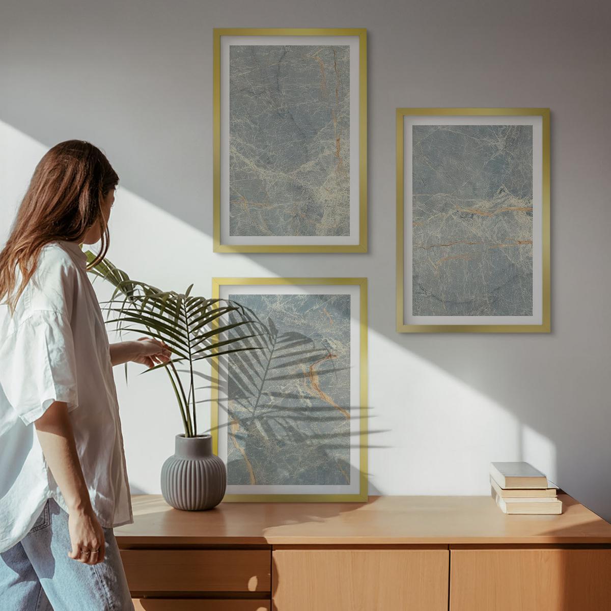 BILDER SET 3er Set - 40x60 cm Goldrahmen - Dekorativer Stein aus grünem Marmor - Goldfarben, Kunststoff (40/60cm) - TULUP