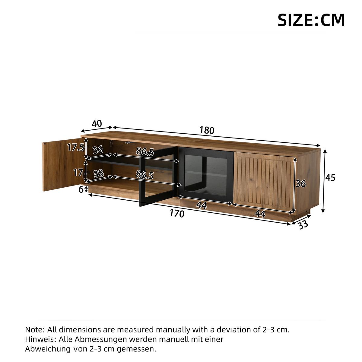 TV-SCHRANK Naturholz & Schwarz 180cm mit 4 Türen & App-LED für 75 Zoll - Naturfarben, Holzwerkstoff (180/45/40cm) - Urban Meuble