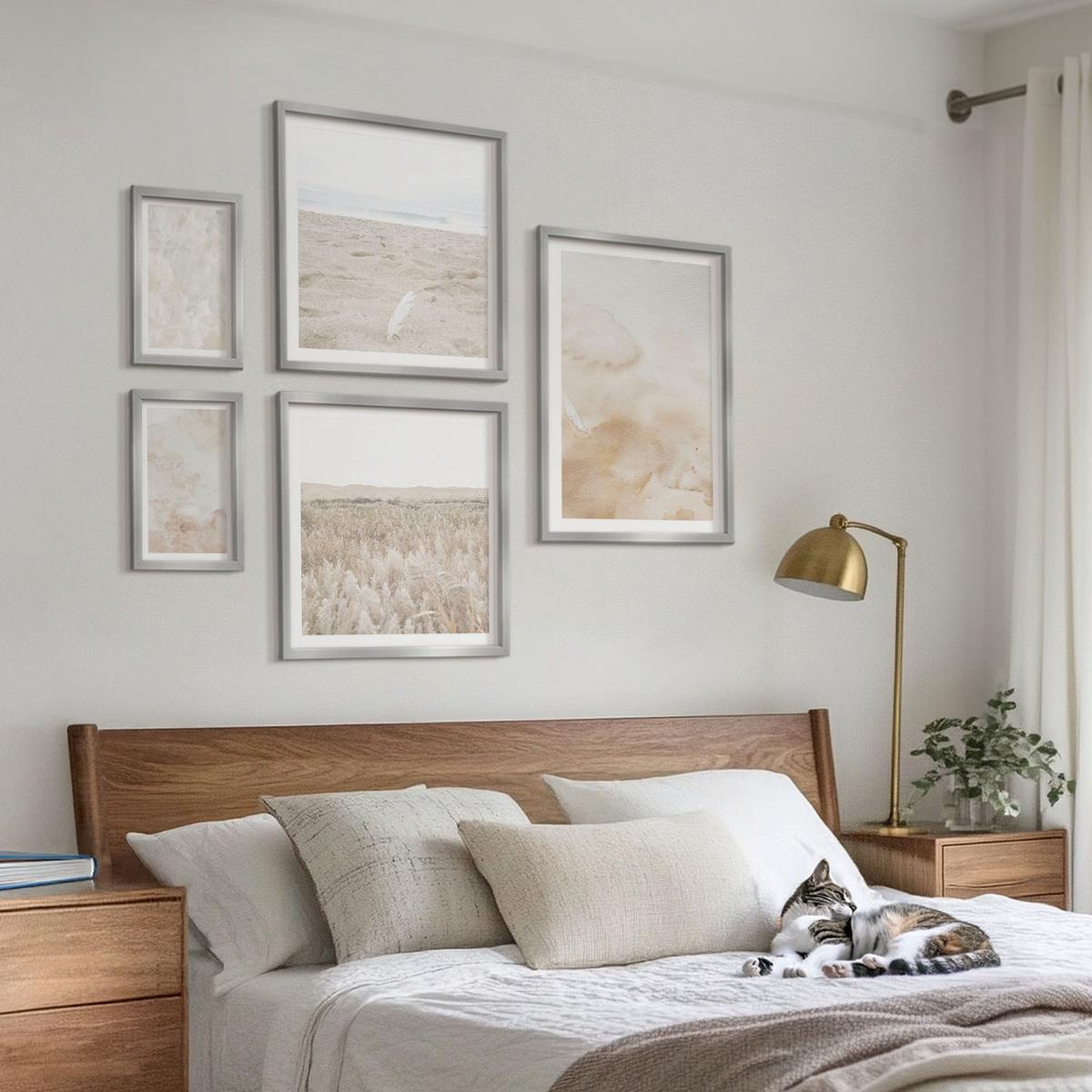 BILDER SET 5er Set - 50x50 cm & 20x30 cm & 40x60 cm Silberner Rahmen - Modische Pastelltexturen - Silberfarben, Kunststoff (40/60cm) - TULUP