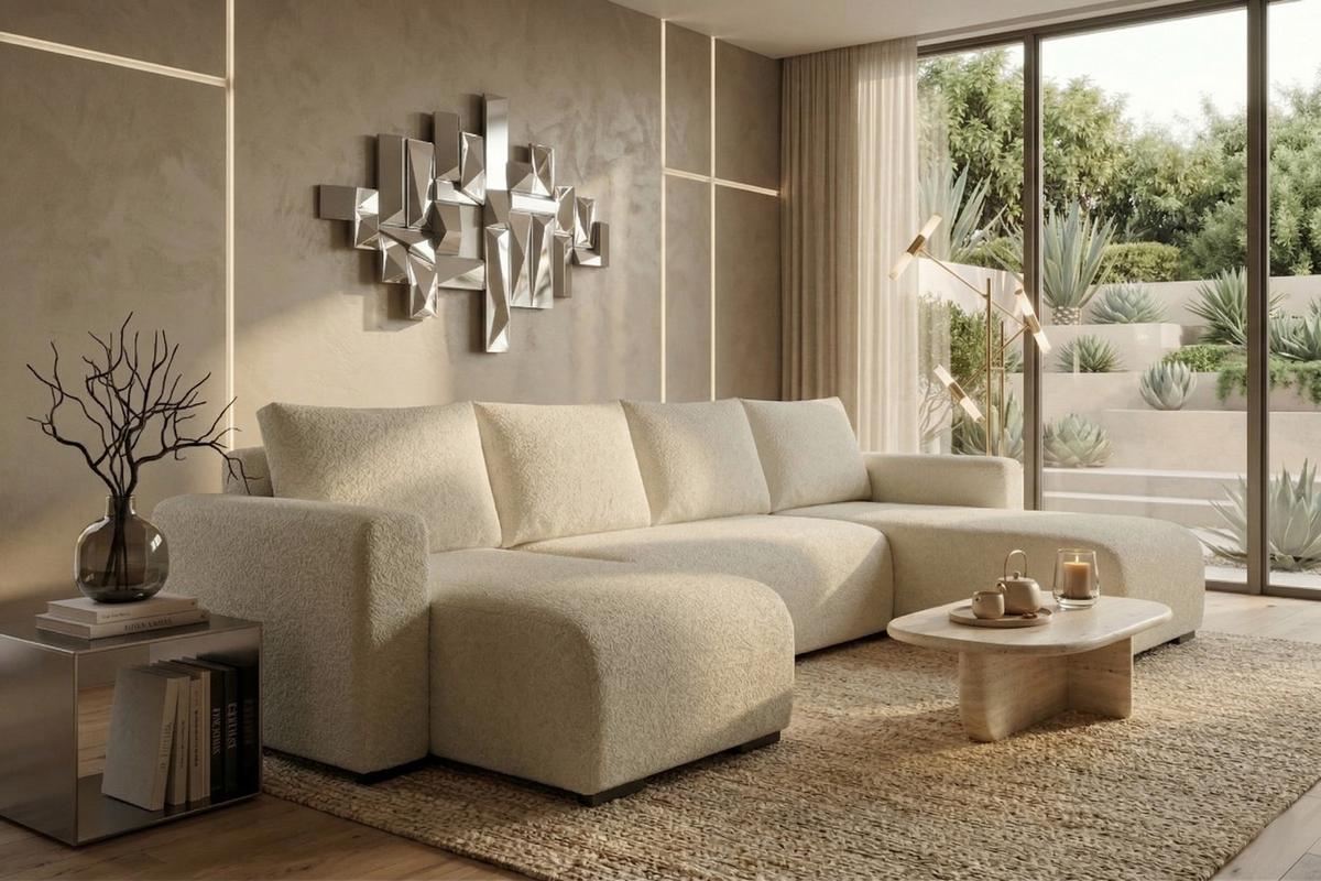 WOHNLANDSCHAFT DORA U mit Bettkasten und Schlaffunktion, U-Form, bequem - Creme, Textil (305/85/140cm) - Storez24