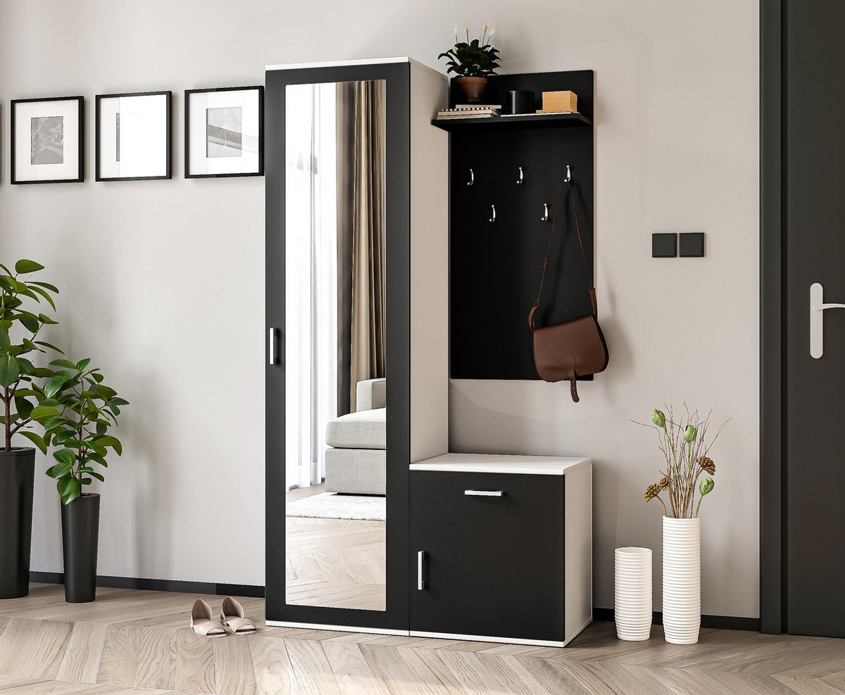 GARDEROBENSCHRANK Magnola Weiß Schwarz 100/180,5/35 cm – Modern, mit Spiegel und viel Stauraum - Schwarz/Weiß, Holzwerkstoff/Kunststoff (100/180.5/35cm) - AX Living