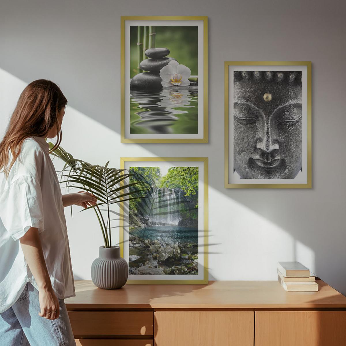 BILDER SET 3er Set - 40x60 cm Goldrahmen - Harmoniesteine Wasser Buddha - Goldfarben, Kunststoff (40/60cm) - TULUP