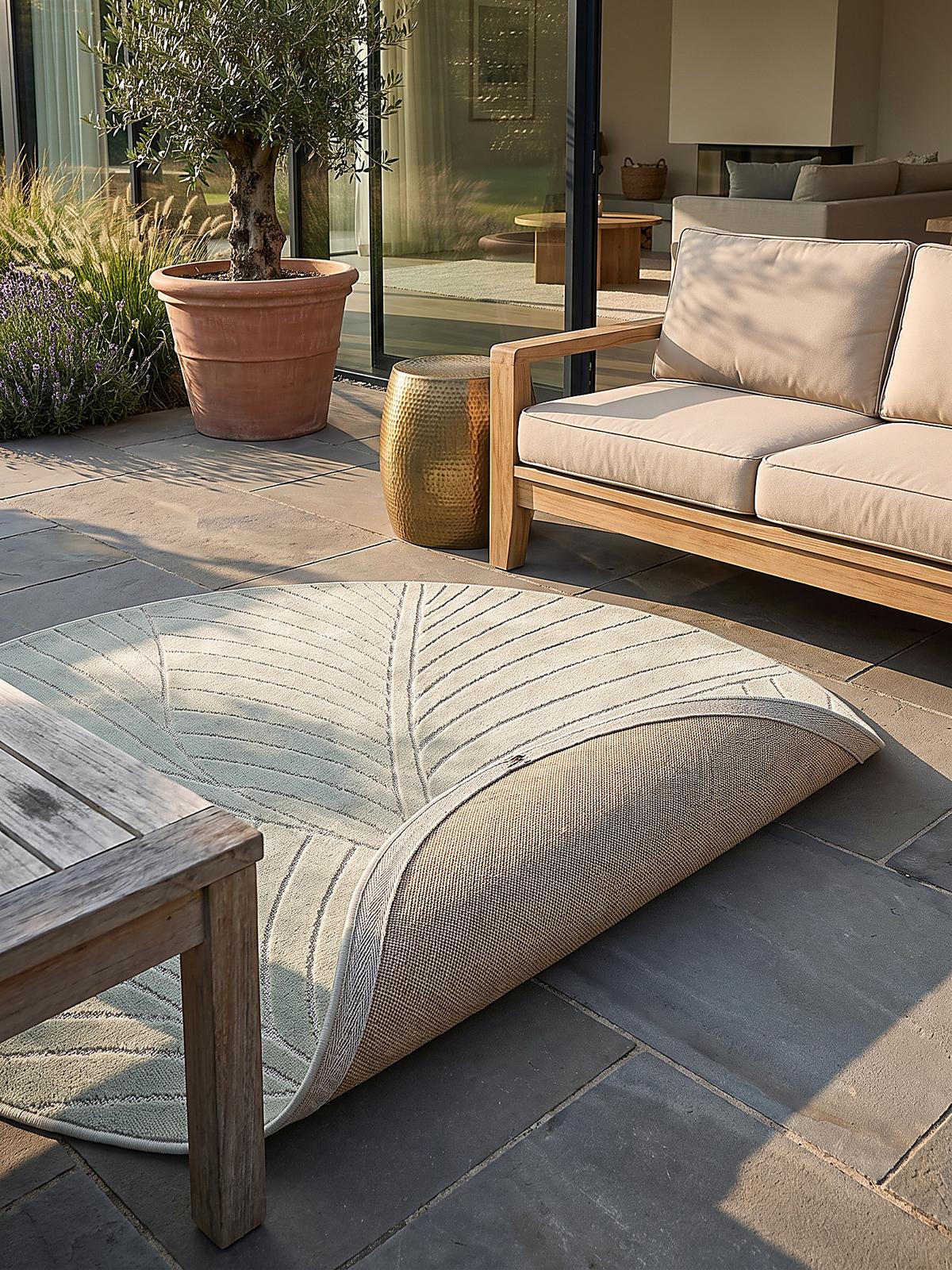 TEPPICH Outdoor, Fußbodenheizung-geeignet, mit Blattmotiv, ENGADIN in Salbeigrün, Ø 80 cm - Grün, Textil (80/80cm) - KADIMA DESIGN