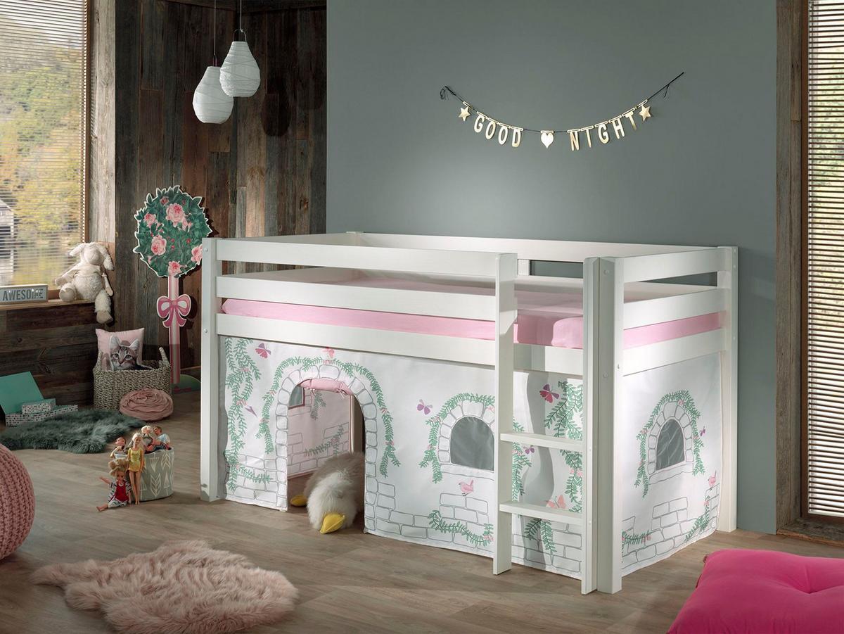 KINDERBETT Karolina 210x114x106 Massivholz Weiß Textilset Burg 1 - Hellgrau/Weiß, Holz (90/200cm) - 58aufmkessel