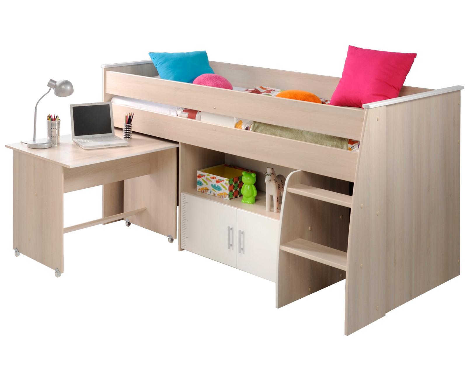 HOCHBETT Jugendzimmer mit Schreibtisch ausziehbar Bett 90 x 200 - Silberfarben/Weiß, Holz/Kunststoff (90/200cm) - Parisot Meuble