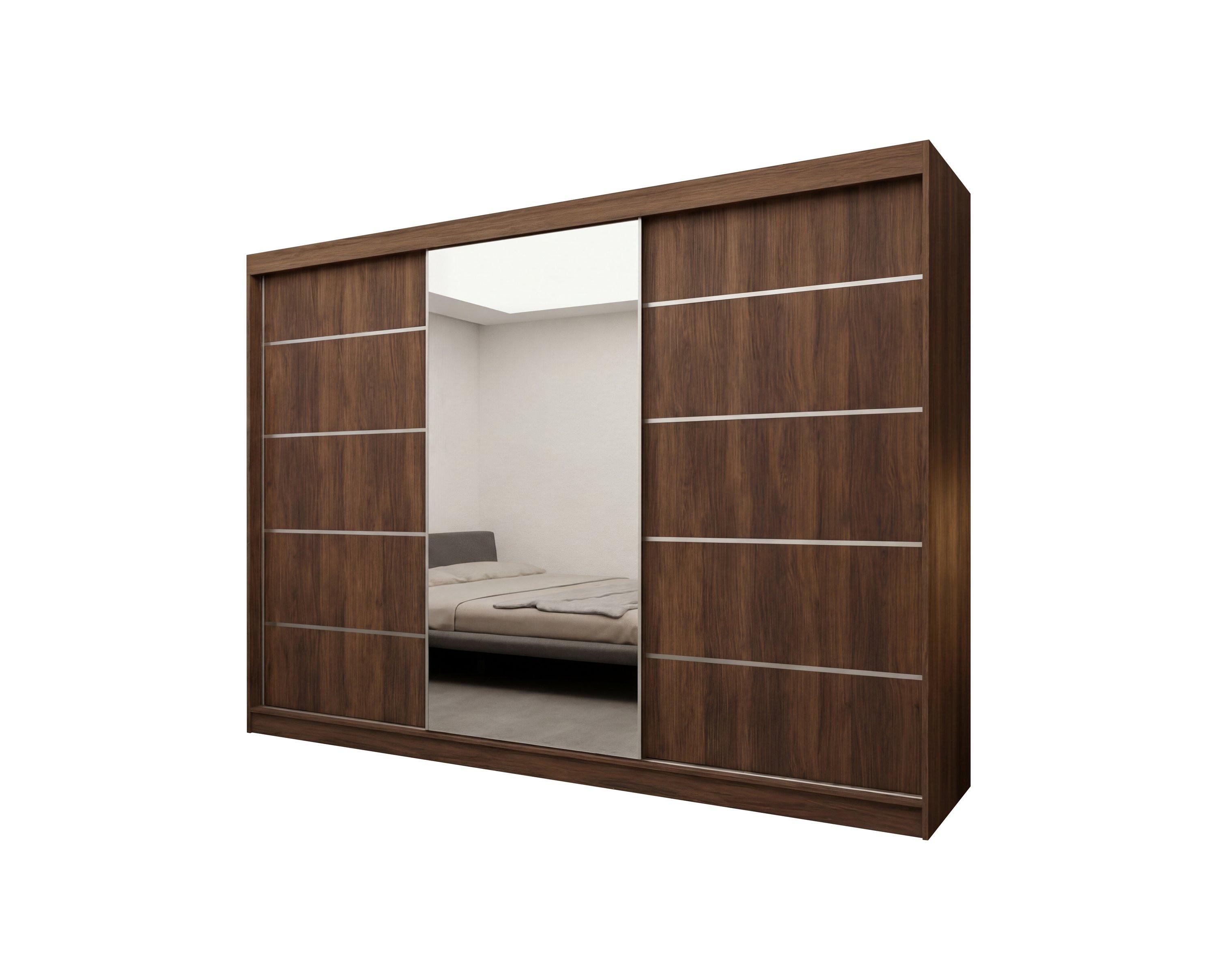 SCHWEBETÜRENSCHRANK MIRELLA 240/216/61 cm Modern Kleiderschrank 3-türig mit Spiegel Nussbaumfarben - Nussbaumfarben, Holzwerkstoff (240/216/61cm) - MASSENO