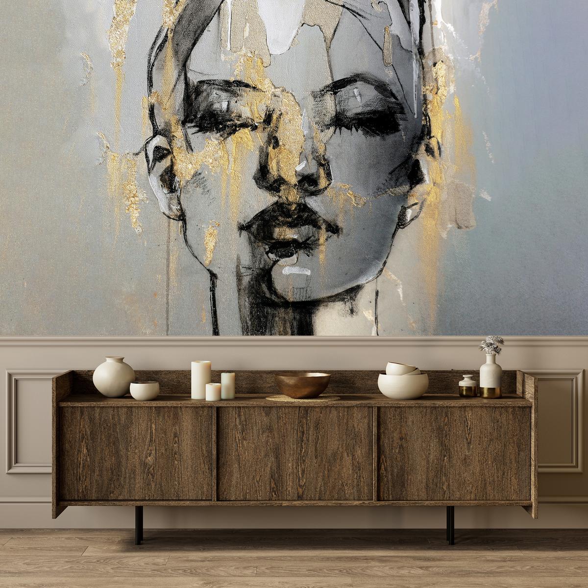 FOTOTAPETE für Wohnzimmer Frau Abstraktes Porträt Beton Modern Gold 500x350 - Gelb/Goldfarben, Papier (500/350cm) - Muralo
