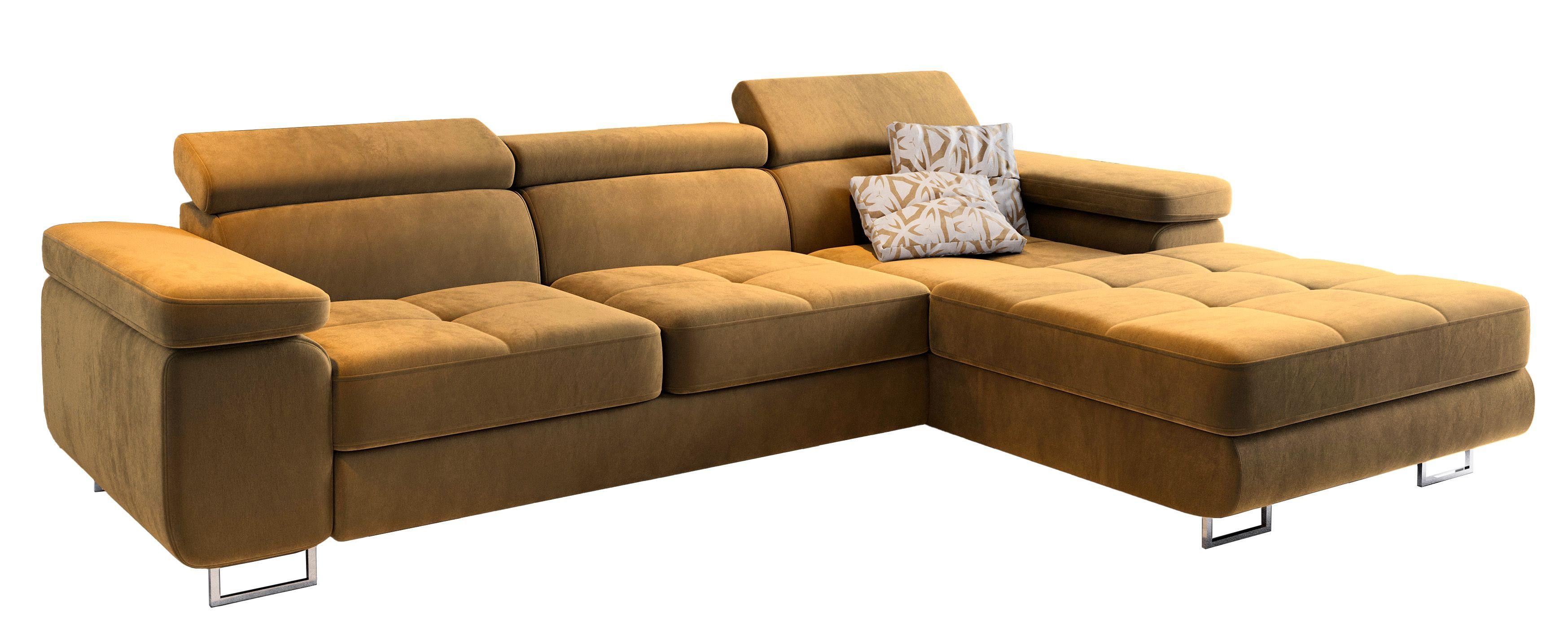 ECKSOFA ELMA R-S Gelb Velours-Stoff mit Schlaffunktion - Gelb/Silberfarben, Holz/Textil (280/205cm) - MASSENO