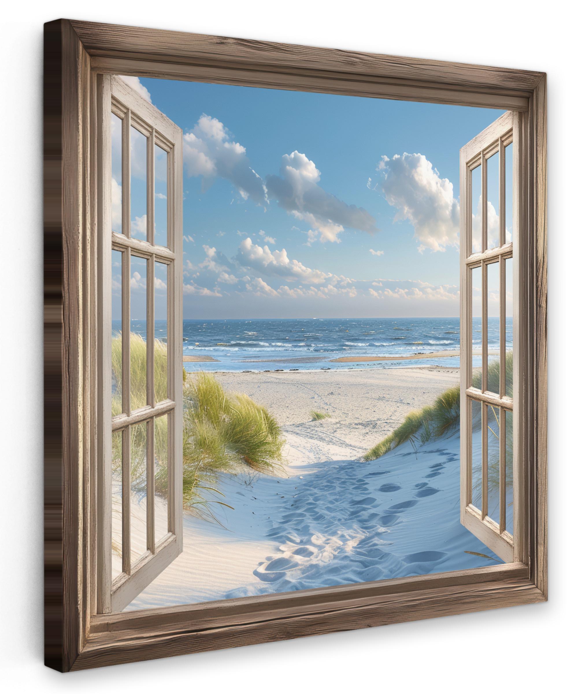 LEINWANDBILD Aussicht - Strand - Fenster - Dünen - Meer Wandbild Wohnzimmer 50x50 cm - Hellblau, Textil (50/50cm) - MuchoWow