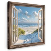 LEINWANDBILD Aussicht - Strand - Fenster - Dünen - Meer Wandbild Wohnzimmer 50x50 cm - Hellblau, Textil (50/50cm) - MuchoWow