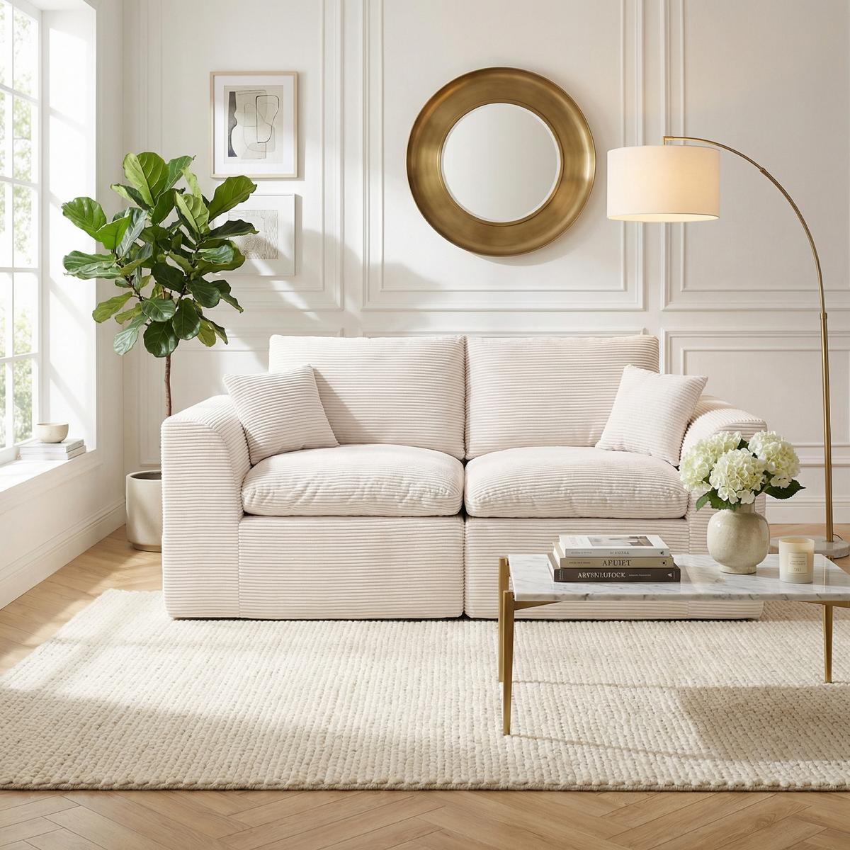 2-SITZER-SOFA XXL aus Cord mit Federkern-Polsterung Montagefrei - Beige, Textil (204/84/102cm) - Urban Meuble