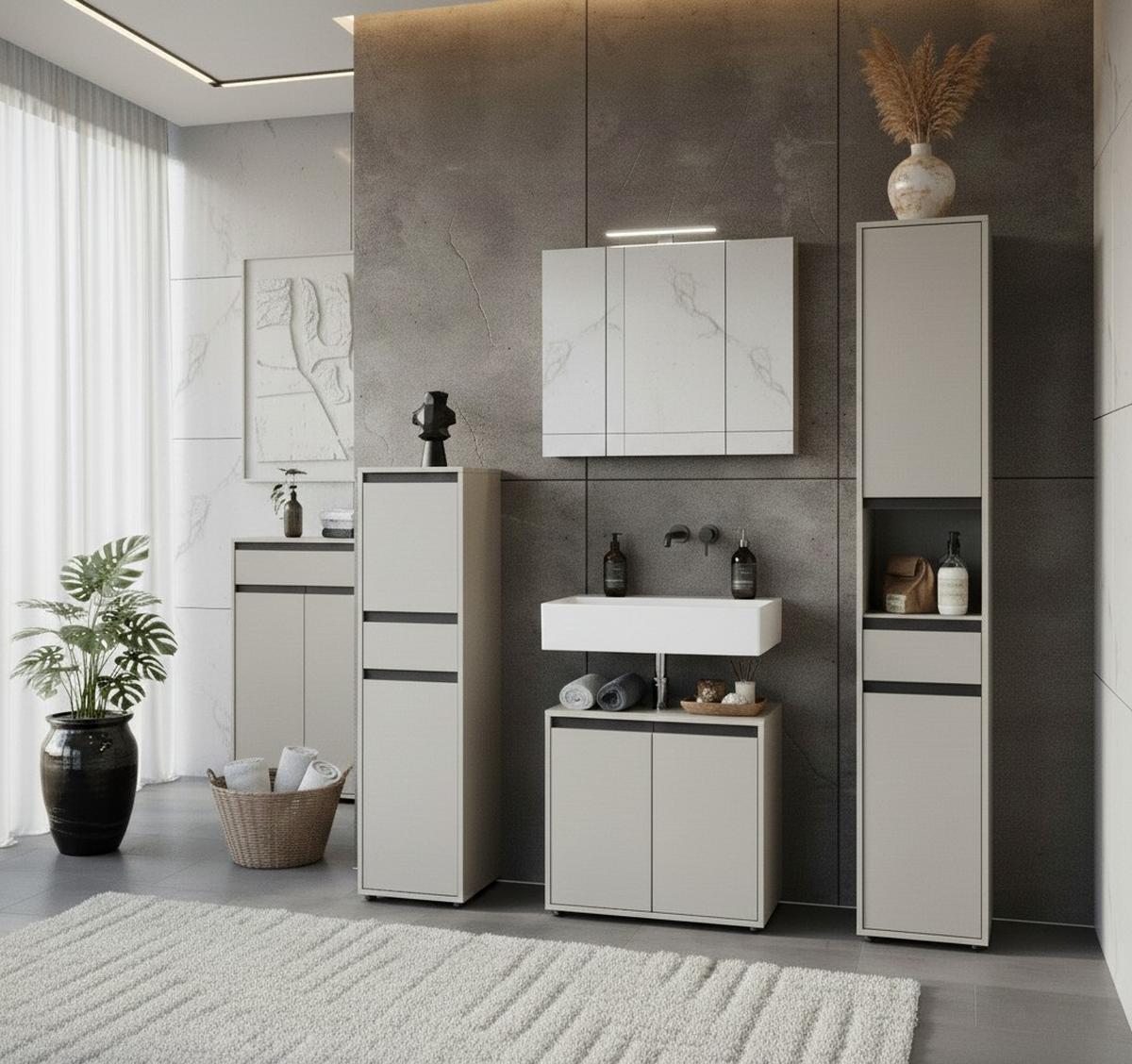 BADSCHRANK schmal HAMBURG Soft-Close, 33x121x34 cm | Steingrau - Grau, Holzwerkstoff (33/121/34cm) - KADIMA DESIGN