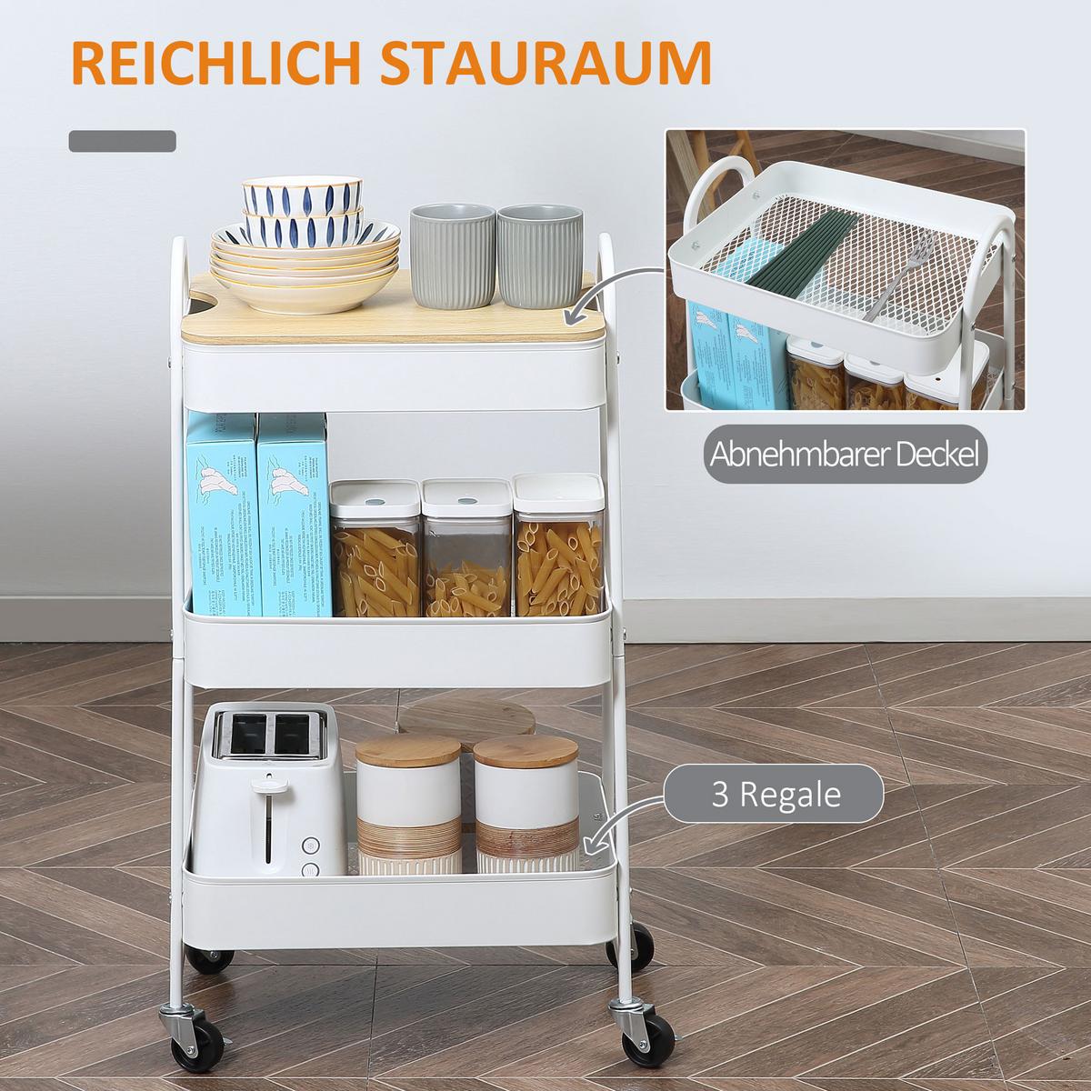 KÜCHENWAGEN 3-Etagen Aufbewahrungswagen Servierwagen Küchenregal mit Rollen Weiß - Weiß, Metall (31/79.4/45cm) - HOMCOM