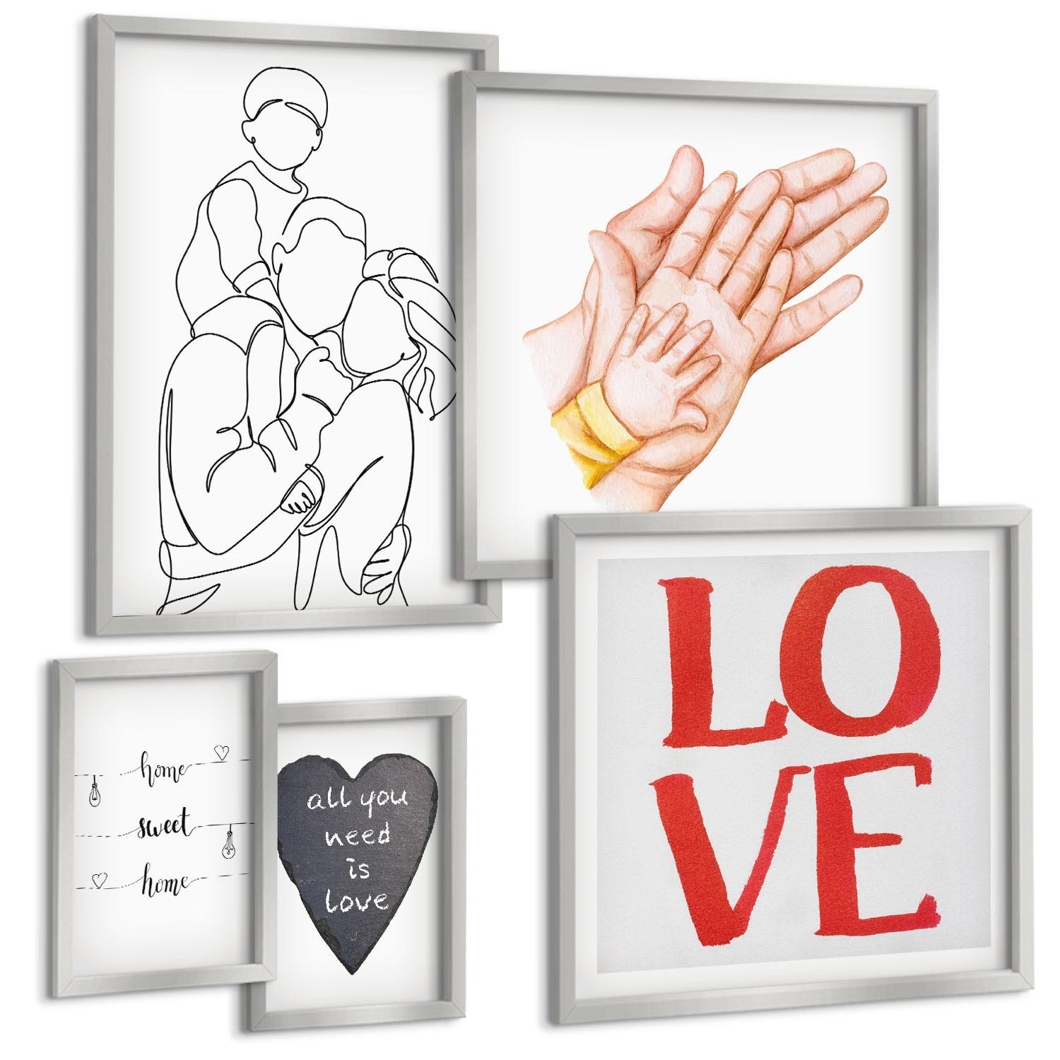 BILDER SET 5er Set - 50x50 cm & 20x30 cm & 40x60 cm Silberner Rahmen - Weltraum-Astronauten-Sterne - Silberfarben, Kunststoff (40/60cm) - TULUP
