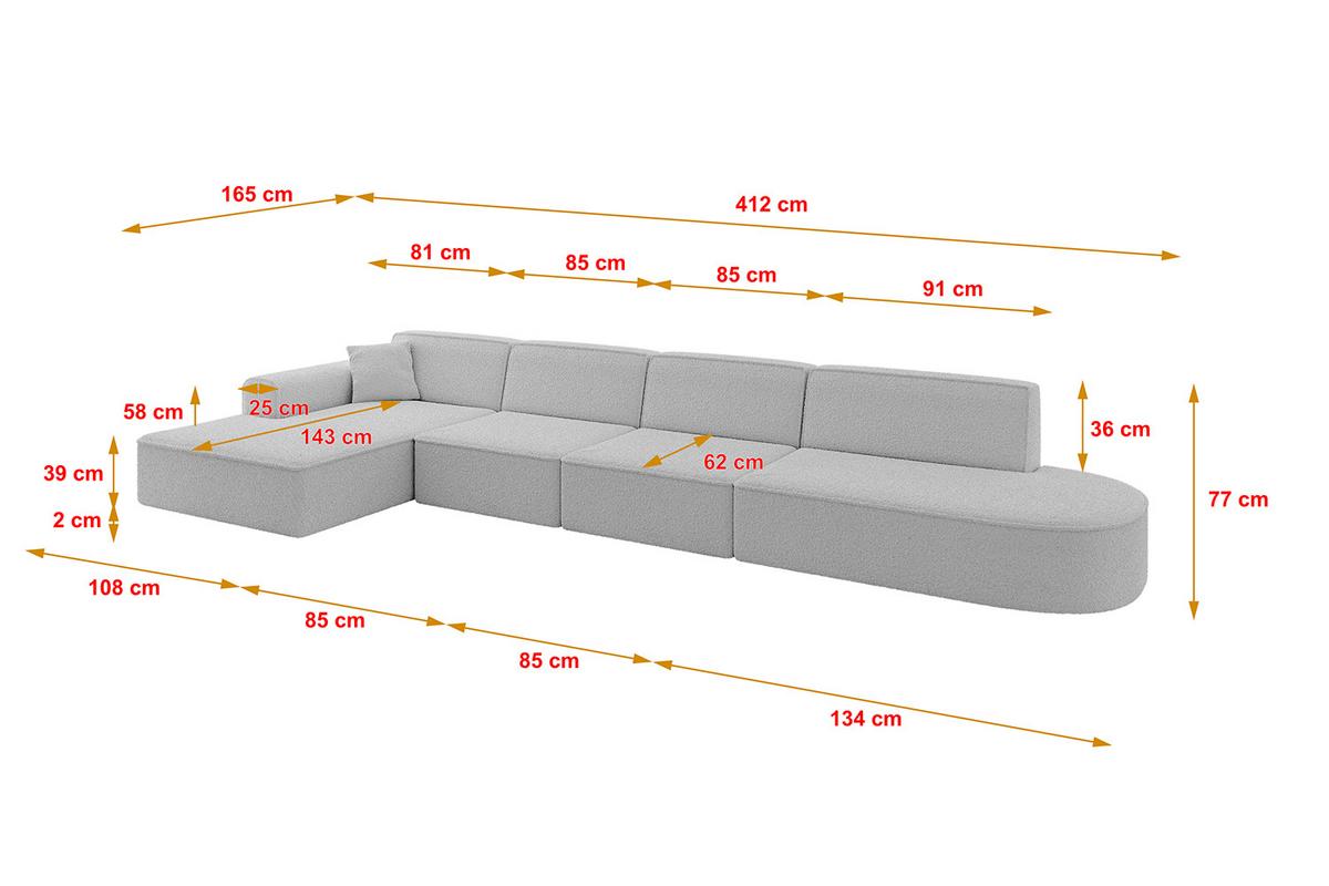 ECKSOFA Ottomane Links IREA-L3-v3 - 412x165x77 cm Hellgrau - Hellgrau, Holzwerkstoff/Textil (412/165cm) - ALTDECOR