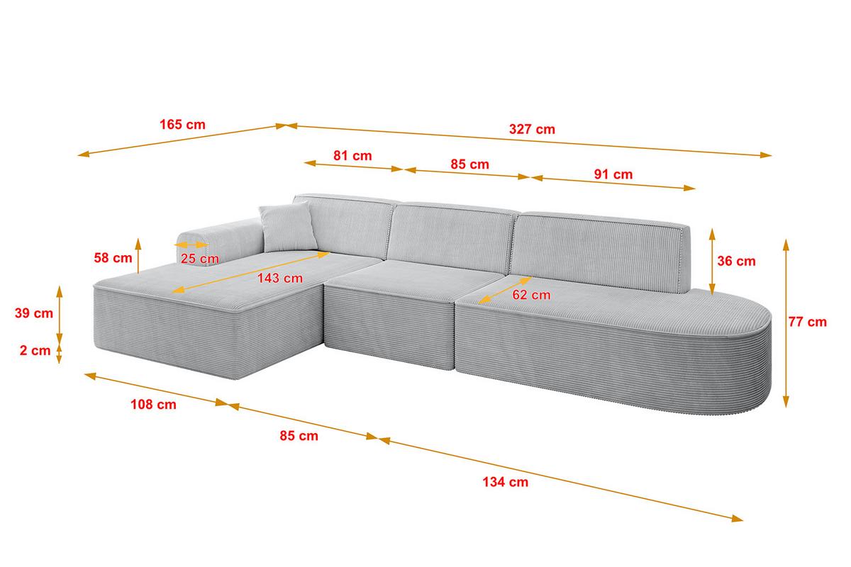 ECKSOFA Ottomane Links IREA-L2-v3 - 327x165x77 cm Grau - Hellgrau/Grau, Holzwerkstoff/Textil (327/165cm) - ALTDECOR