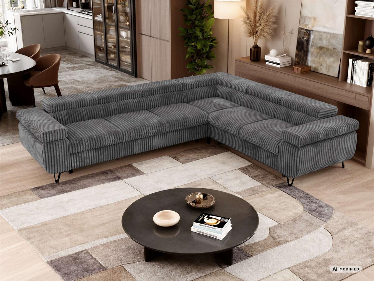ECKSOFA NORDEN L - Grau Cord - Links Seite - Schwarz/Grau, Textil/Metall (269/329cm) - MKS