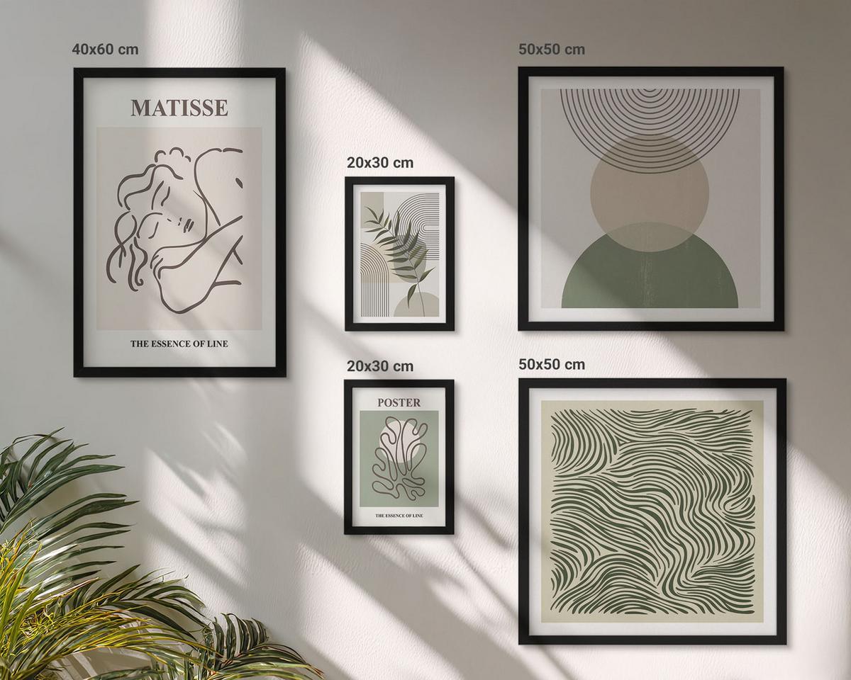 BILDER SET 5er Set - 50x50 cm & 20x30 cm & 40x60 cm Schwarzer Rahmen - Geometrische botanische Muster - Schwarz, Kunststoff (40/60cm) - TULUP
