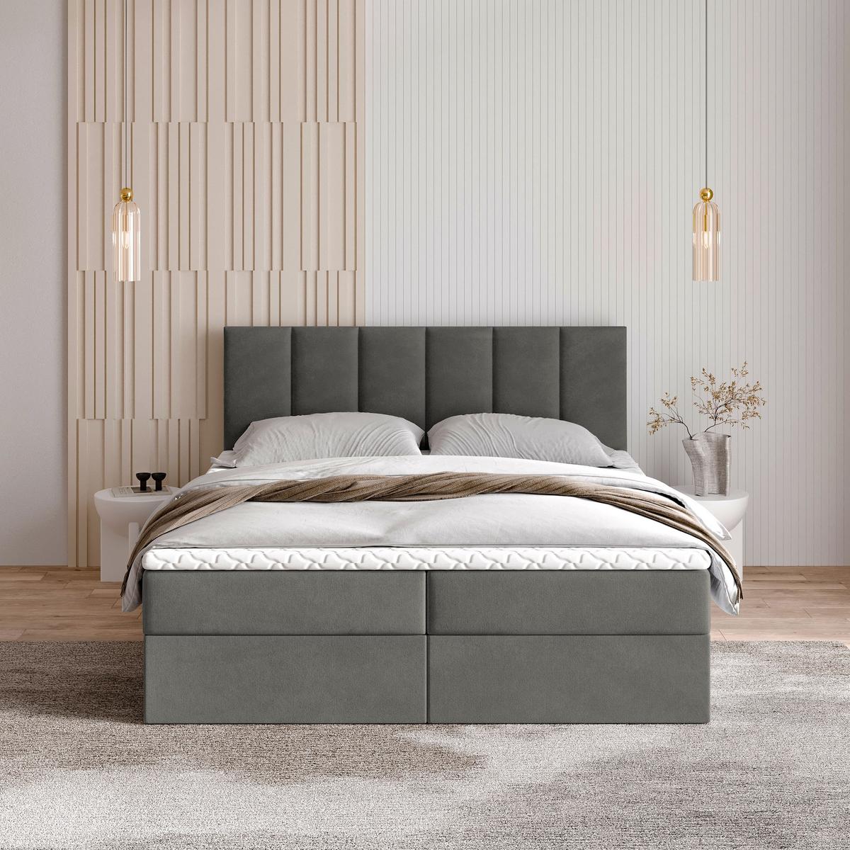 BOXBETT MERIL 180x200 cm mit Matratze und Topper - Grau - Grau, Holz (180/200cm) - MASSENO