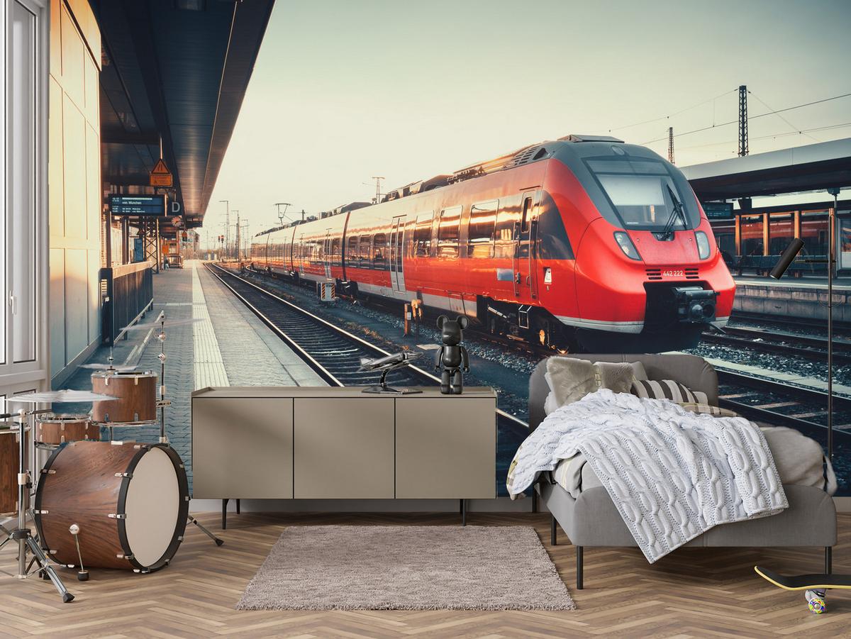 FOTOTAPETE für Wohnzimmer Moderner Roter Zug Bahnhof Geleise 250x175 - Rot/Braun, Papier (250/175cm) - Muralo