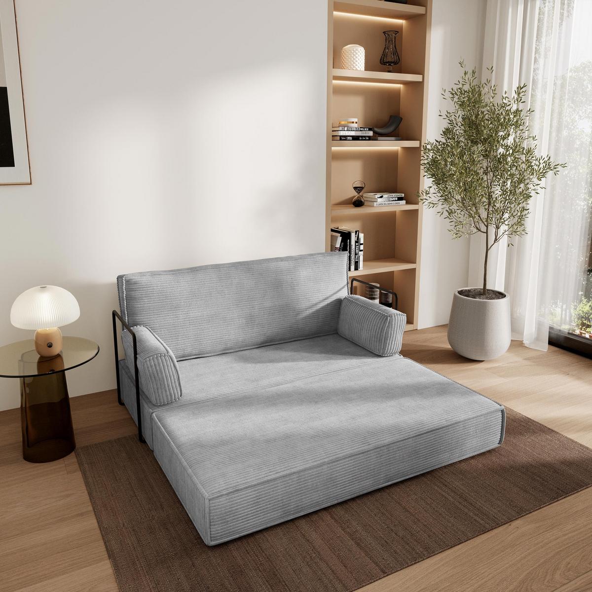 BETTSOFA LADIA aus Schaumstoff Kordstoff Hellgrau Schlaffunktion - Hellgrau, Textil (140/86/60cm) - MASSENO