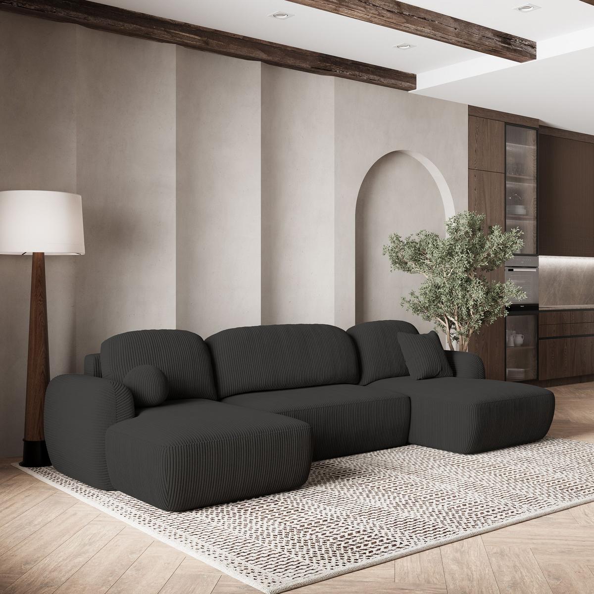 WOHNLANDSCHAFT SAVONA P Schwarz Kordstoff mit Schlaffunktion - Schwarz, Holz/Kunststoff (320/90/148cm) - MASSENO