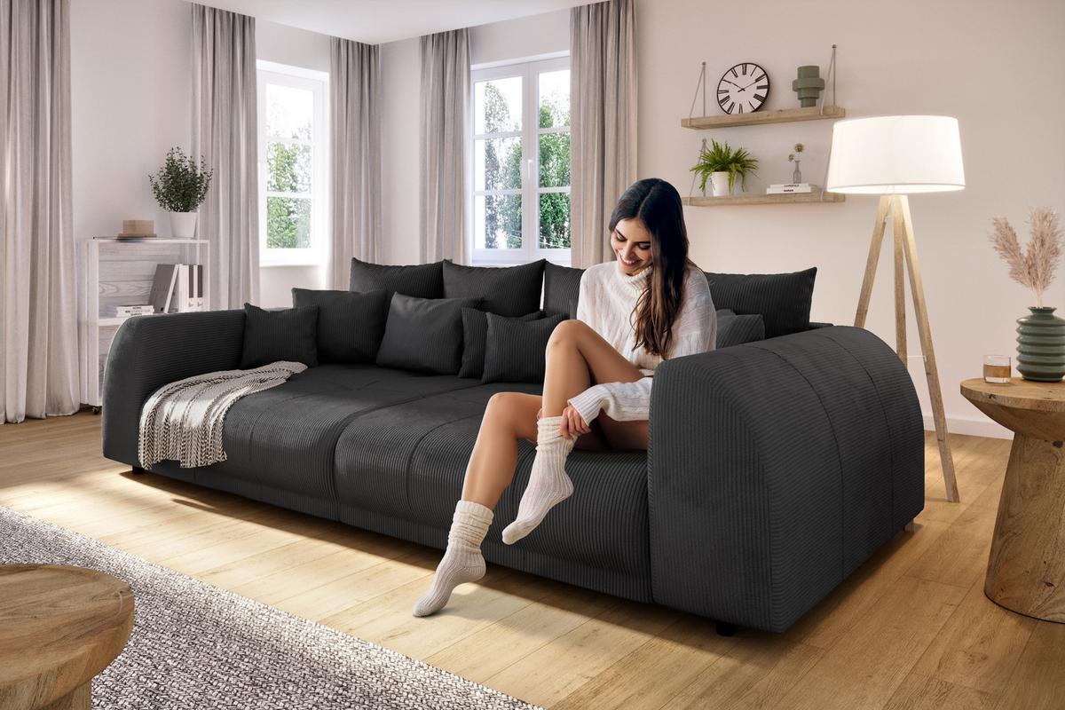 BIGSOFA Levana 5 Sitzer Schwarz Cord-Stoff - Schwarz, Holz/Kunststoff (310/86/135cm) - S-Style Möbel